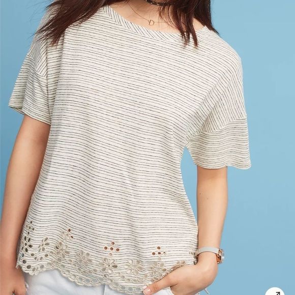 Anthropologie Tops - Anthro Postage Eyelet Trimmed Hem Striped Short Sleeve Casual Tee Top